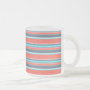 Living coral, blue and grey stripes frosted glass coffee mug