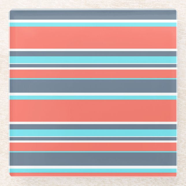 Living coral, blue and grey stripes glass coaster (Front)