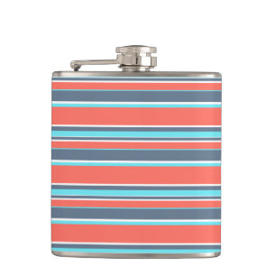 Living coral, blue and grey stripes hip flask