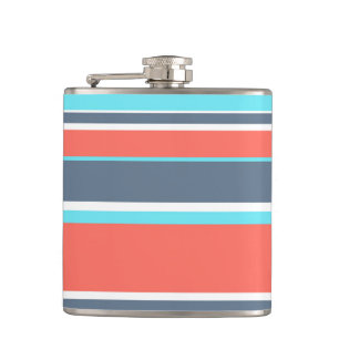 Living coral, blue and grey stripes hip flask