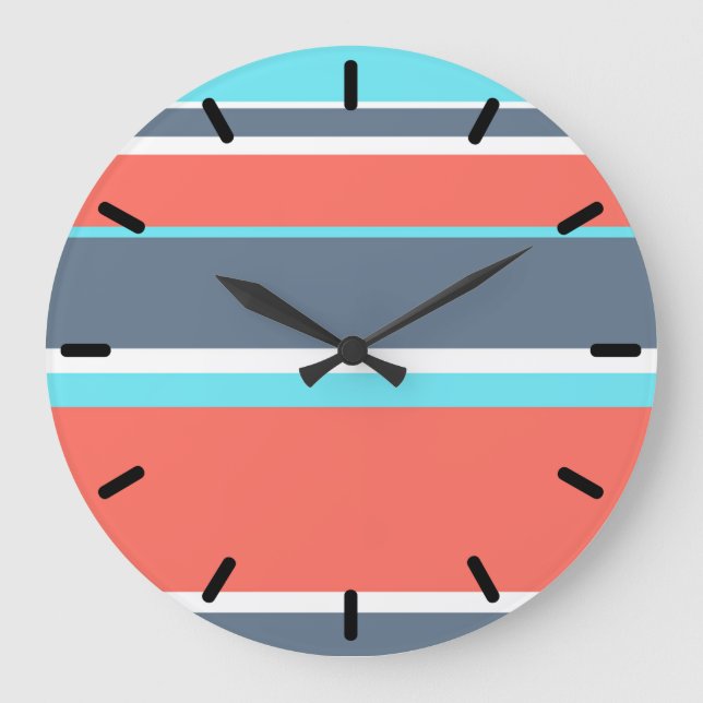 Living coral, blue and grey stripes large clock (Front)