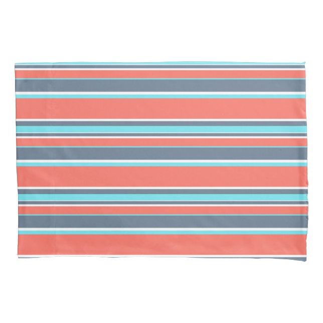 Living coral, blue and grey stripes pillowcase (Front)