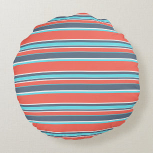 Living coral, blue and grey stripes round cushion