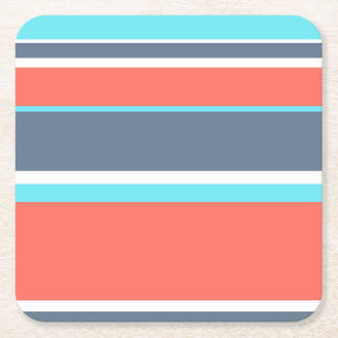 Living coral, blue and grey stripes square paper coaster