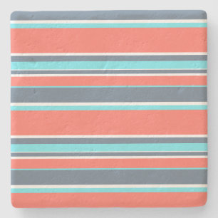 Living coral, blue and grey stripes stone coaster