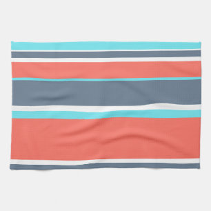 Living coral, blue and grey stripes tea towel