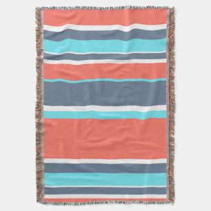 Living coral, blue and grey stripes throw blanket