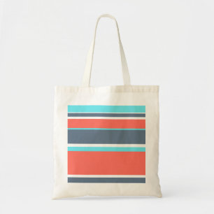 Living coral, blue and grey stripes tote bag