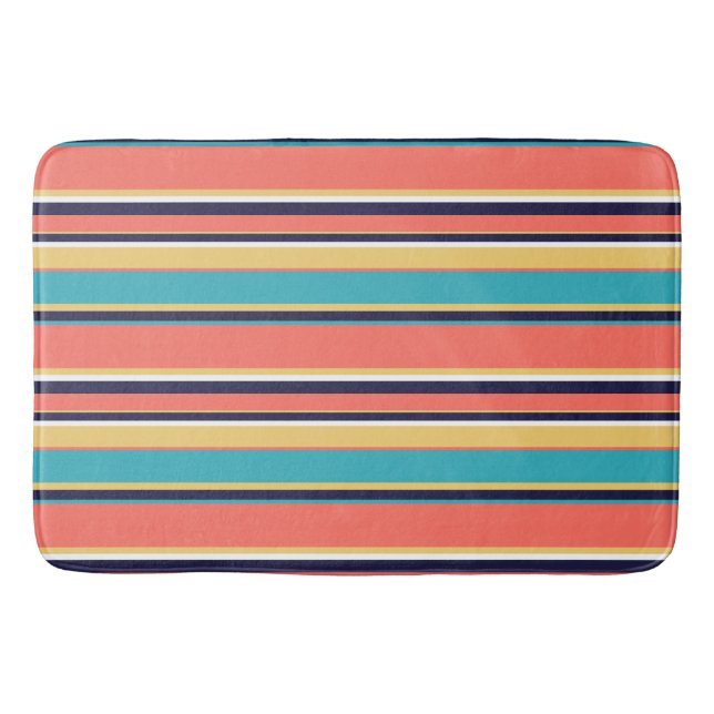 Living coral, blue and yellow stripes bath mat (Front)