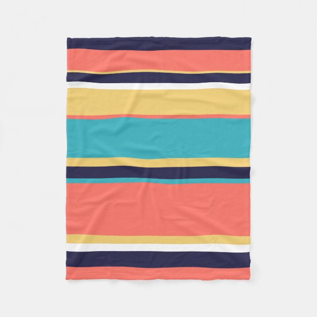 Living coral, blue and yellow stripes fleece blanket (Front)