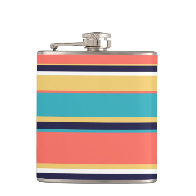 Living coral, blue and yellow stripes hip flask (Front)