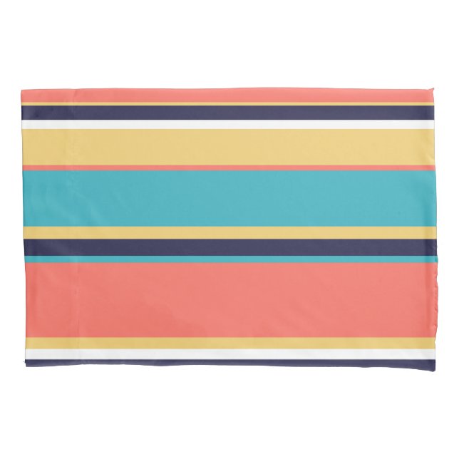 Living coral, blue and yellow stripes pillowcase (Front)