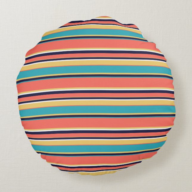 Living coral, blue and yellow stripes round cushion (Back)