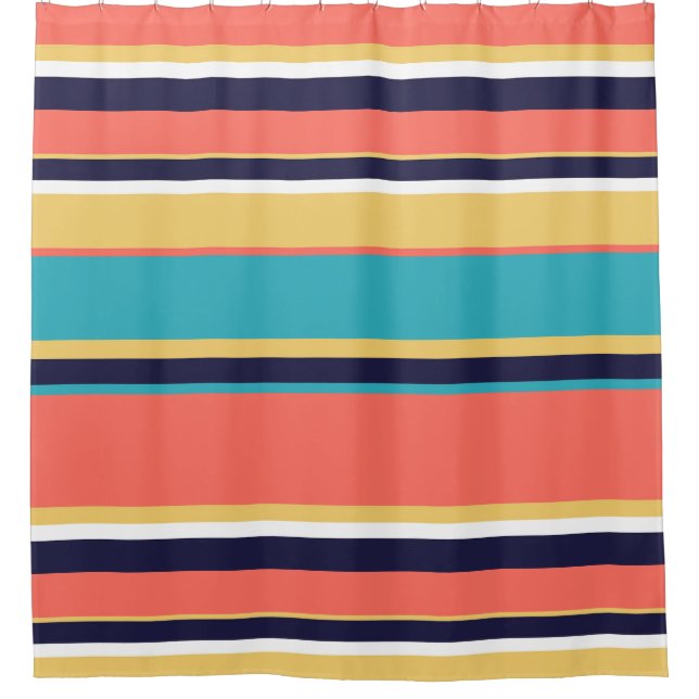 Living coral, blue and yellow stripes shower curtain (Front)