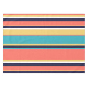 Living coral, blue and yellow stripes tablecloth