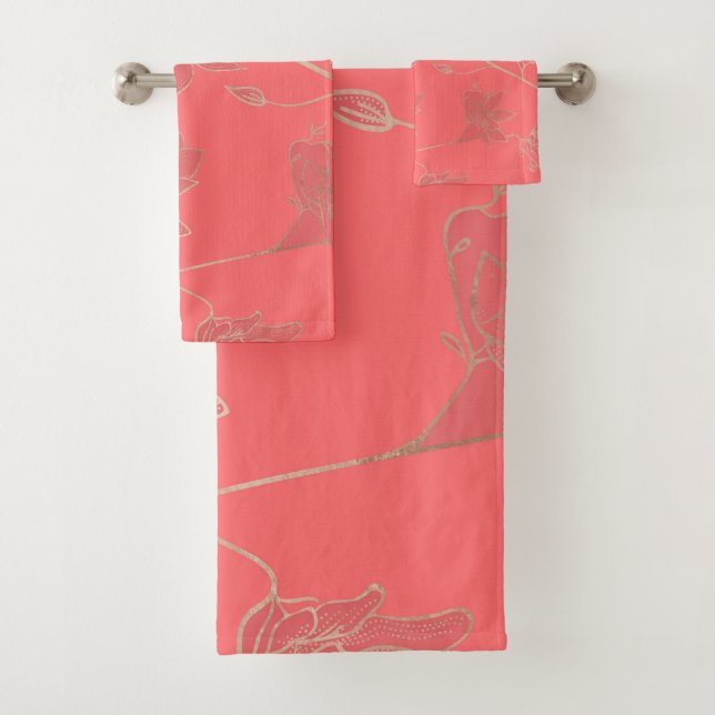 Living Coral  - Colour of the year - Floral Bath Towel Set (Insitu)