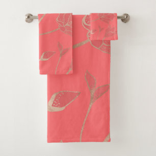 Living Coral  - Colour of the year - Floral Bath Towel Set