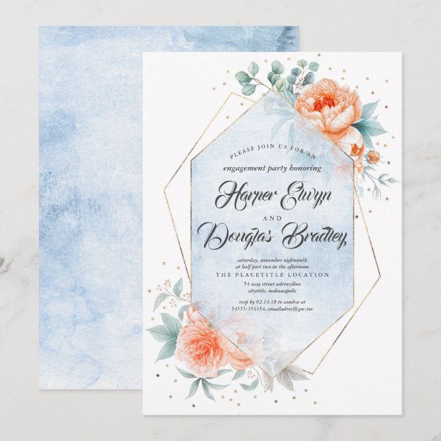Living Coral Dusty Blue Floral Engagement Party Invitation (Front/Back)