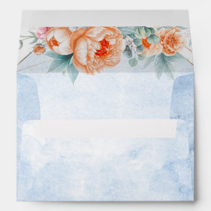 Living Coral Dusty Blue Floral Modern Wedding Envelope