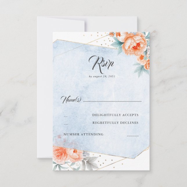 Living Coral Dusty Blue Floral Wedding RSVP (Front)