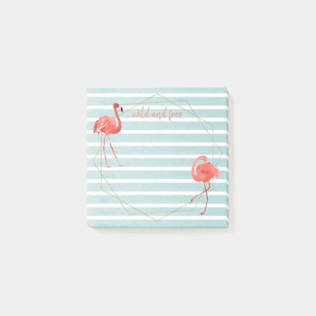 Living Coral Flamingo Blue Stripe Gold Geometric Post-it Notes (Front)