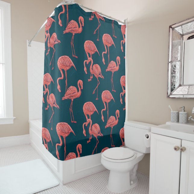 Living coral flamingo pattern shower curtain (In Situ)