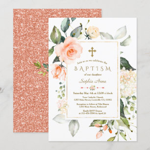 Living Coral Floral Frame Glitter Baptism Invitation