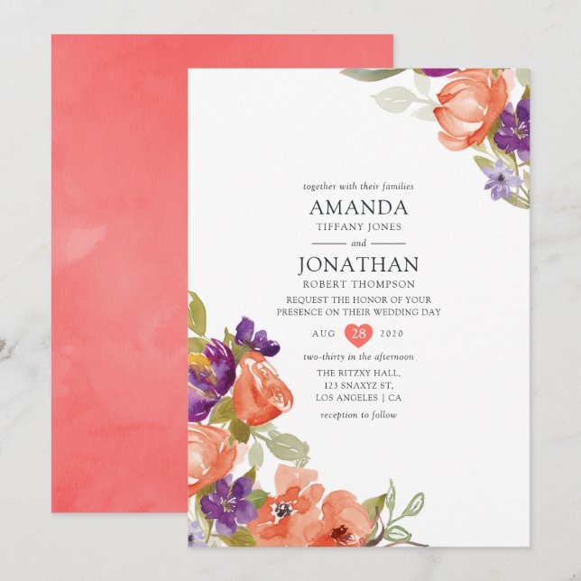 Living Coral Floral Wedding Invitation (Front/Back)