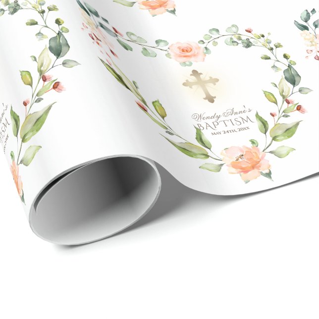 Living Coral Flowers Gold Cross Girl Baptism Wrapping Paper (Roll Corner)