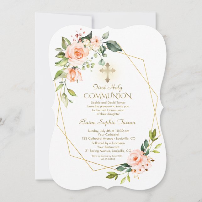 Living Coral Flowers Gold Frame Holy Communion Invitation (Front)