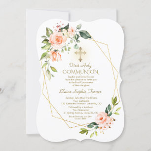 Living Coral Flowers Gold Frame Holy Communion Invitation