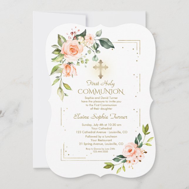 Living Coral Flowers Gold Glitter Holy Communion Invitation (Front)