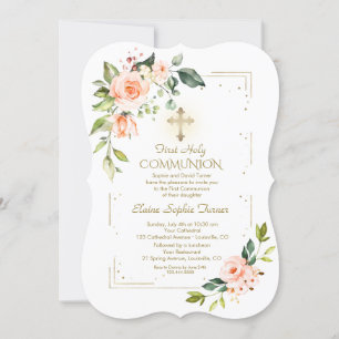 Living Coral Flowers Gold Glitter Holy Communion Invitation