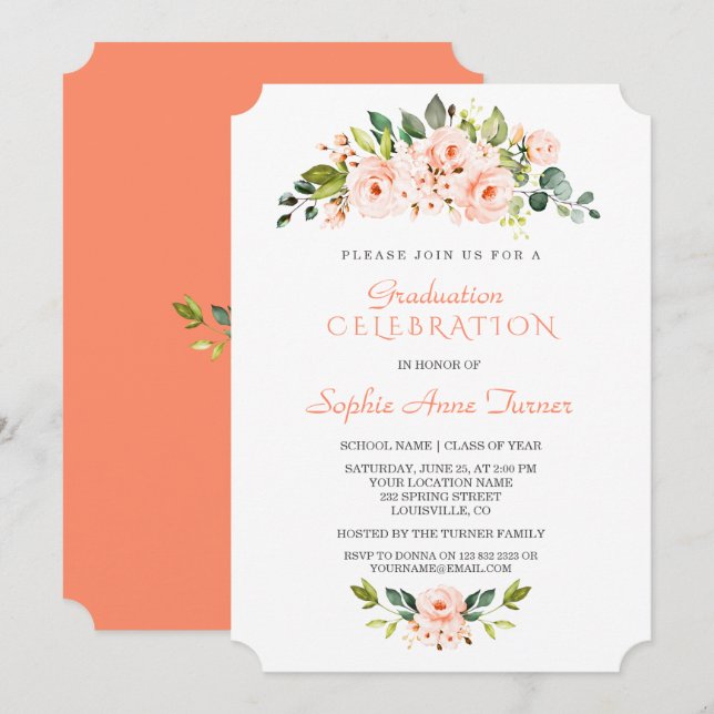 Living Coral Flowers Graduation Party Invitation (Front/Back)