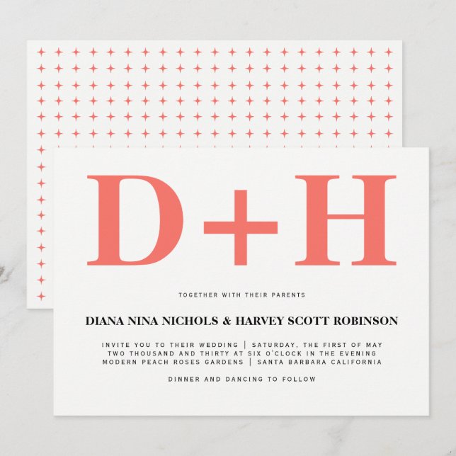 Living coral initials bold typography wedding invitation (Front/Back)