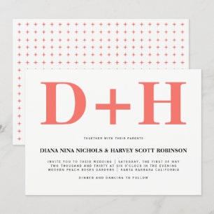 Living coral initials bold typography wedding invitation