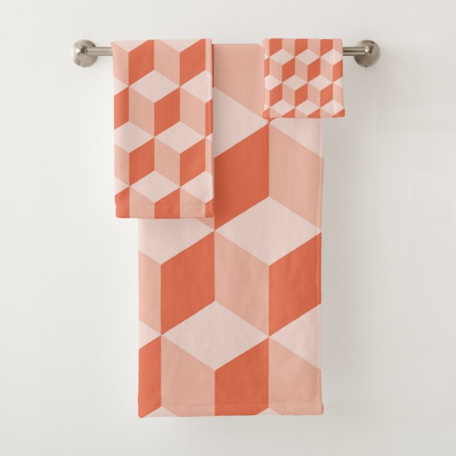 Living Coral Isometric Cube Pattern Bath Towel Set (Insitu)