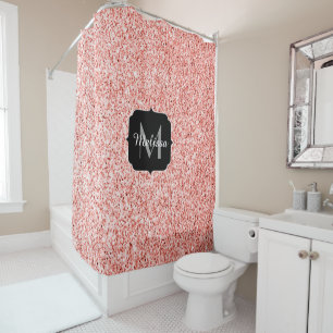 Living coral light glitter Sparkles Monogram Shower Curtain