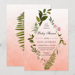 Living Coral Ombre  Forest Fern Baby Shower Invitation