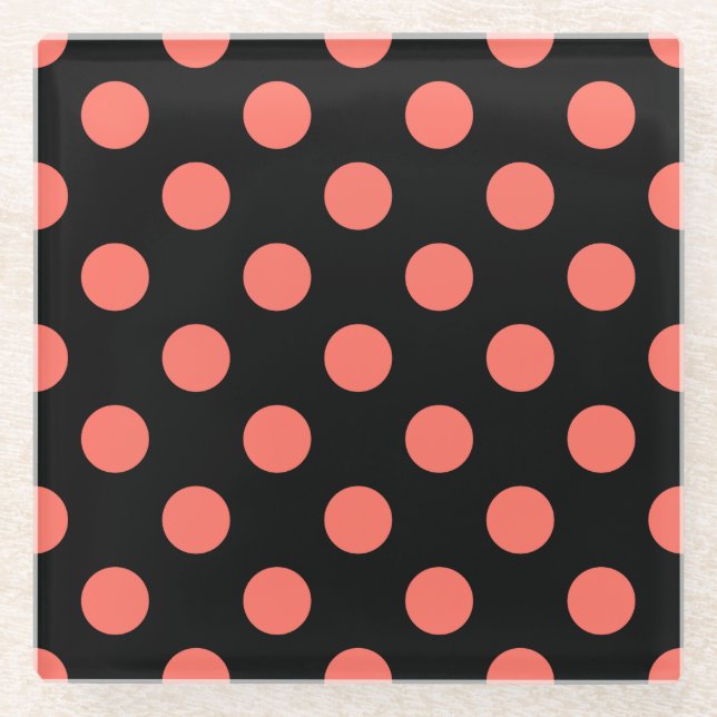Living coral polka dots on black glass coaster (Front)
