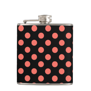 Living coral polka dots on black hip flask