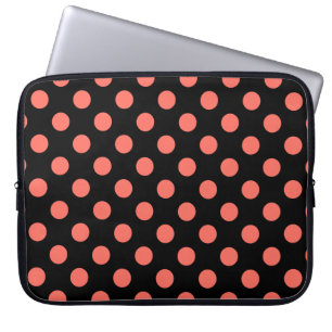 Living coral polka dots on black laptop sleeve