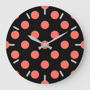 Living coral polka dots on black large clock