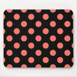 Living coral polka dots on black mouse mat