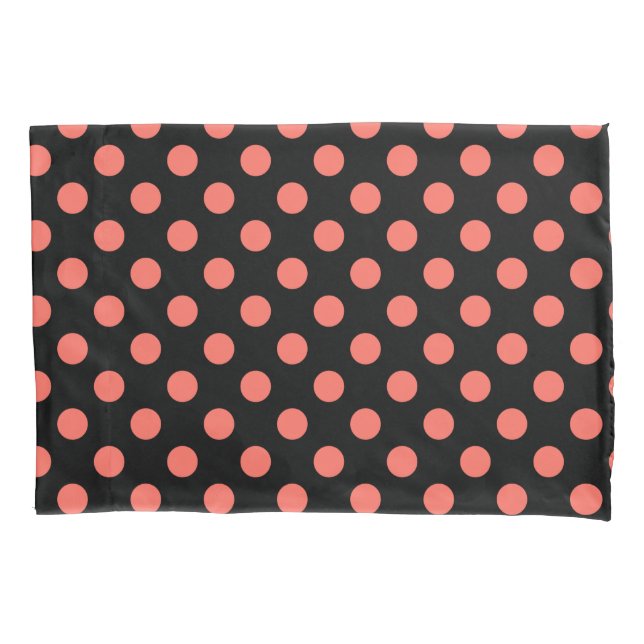 Living coral polka dots on black pillowcase (Front)