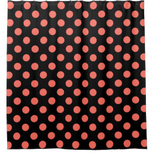 Living coral polka dots on black shower curtain
