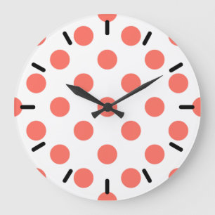 Living coral polka dots on white large clock