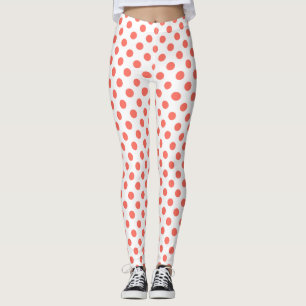 Living coral polka dots on white leggings
