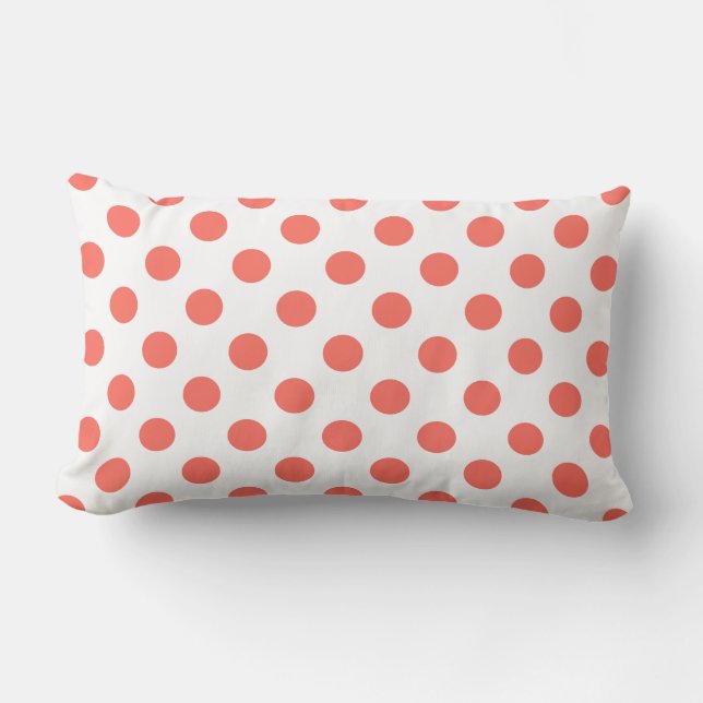 Living coral polka dots on white lumbar cushion (Front)