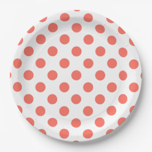 Living coral polka dots on white paper plate